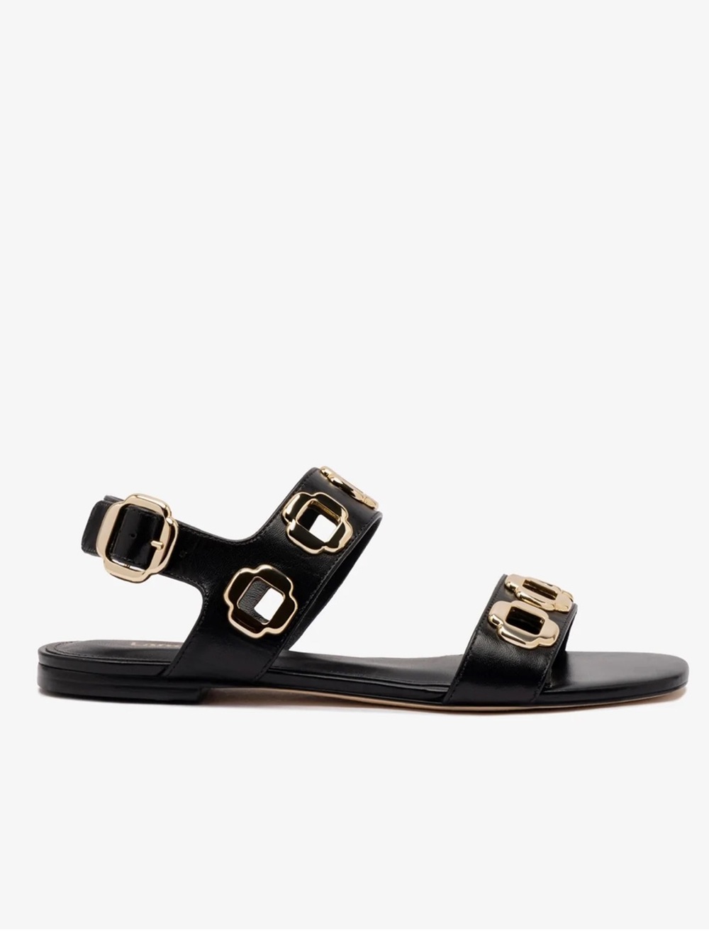 LARROUDE Milan Flat Sandal Leather Black & Gold Size 7